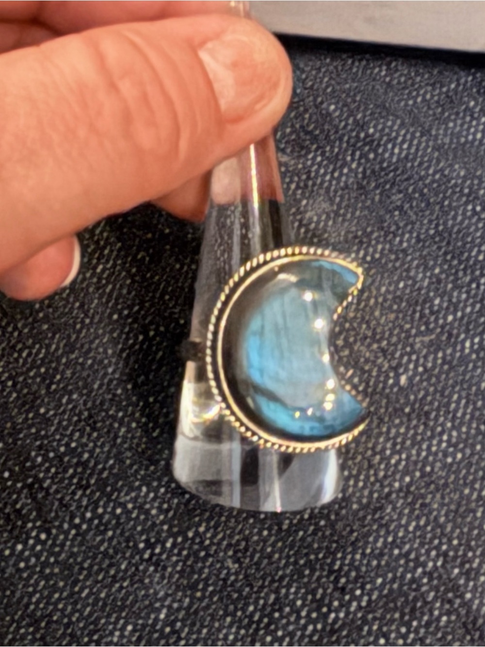 Hand Crafted Blue Labradorite Crescent Stone set in Solid Sterling 0.925 SZ 8